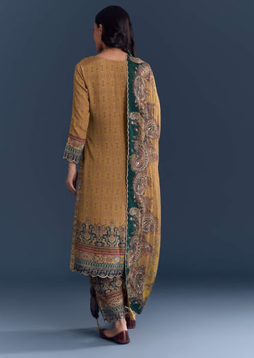 Mustard Yellow Crepe Kurta Set With Paisley And Floral Print