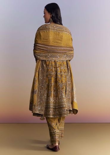 Mustard Yellow Crepe Patiala Suit With Indie Print And Zari Work