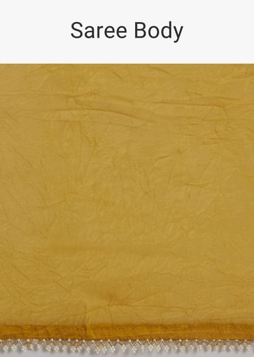 Mustard Yellow Crushed Tissue Saree With Moti Cutdana Embellished Border