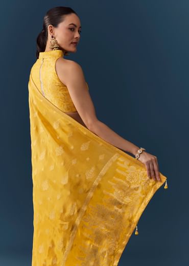 Mustard Yellow Dola Silk Saree with Blouse Fabric