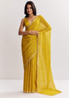 Mustard Yellow Georgette Saree With Foil Stripes And Mirror Gota Patti Work