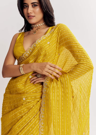 Mustard Yellow Georgette Saree With Foil Stripes And Mirror Gota Patti Work
