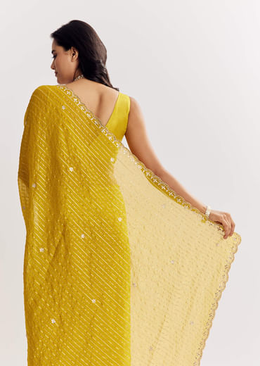 Mustard Yellow Georgette Saree With Foil Stripes And Mirror Gota Patti Work