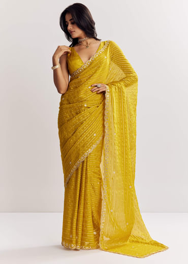 Mustard Yellow Georgette Saree With Foil Stripes And Mirror Gota Patti Work