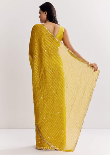 Mustard Yellow Georgette Saree With Foil Stripes And Mirror Gota Patti Work