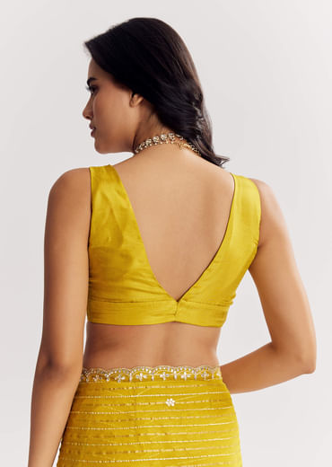 Mustard Yellow Georgette Saree With Foil Stripes And Mirror Gota Patti Work