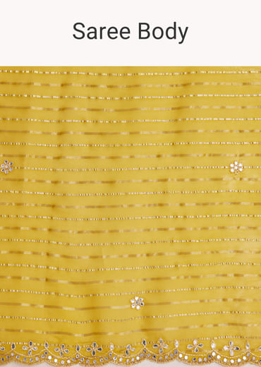 Mustard Yellow Georgette Saree With Foil Stripes And Mirror Gota Patti Work