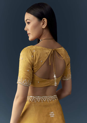 Mustard Yellow Jacquard Printed Tissue Saree with Unstitched Blouse