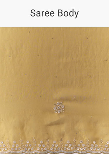 Mustard Yellow Jacquard Printed Tissue Saree with Unstitched Blouse