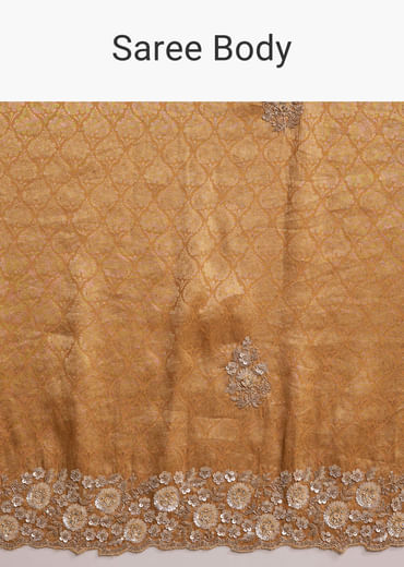 Mustard Yellow Jacquard Tissue Saree With Heavy Hand Embroidery