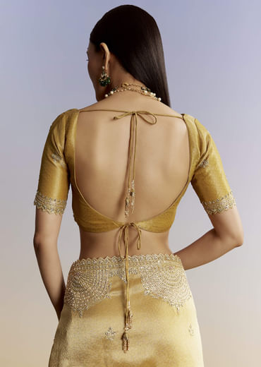 Mustard Yellow Jacquard Tissue Saree With Zigzag Zardosi Work