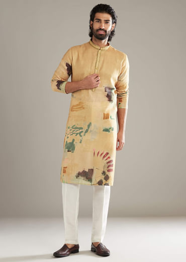 Mustard Yellow Kurta Set For Men With Abstract Print
