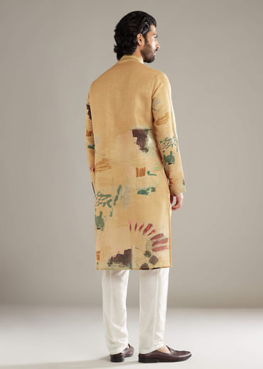 Mustard Yellow Kurta Set For Men With Abstract Print