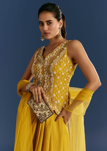 Mustard Yellow Moti Embroidered Kurta Skirt With Dupatta