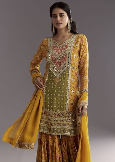 Mustard Yellow Patola Printed Kurta Sharara Suit With Organza Dupatta