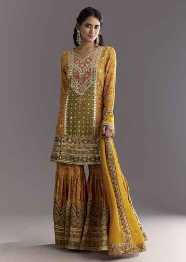 Mustard Yellow Patola Printed Kurta Sharara Suit With Organza Dupatta