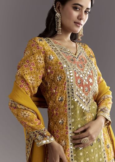 Mustard Yellow Patola Printed Kurta Sharara Suit With Organza Dupatta