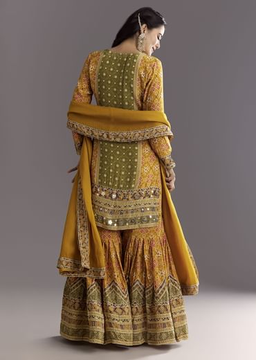 Mustard Yellow Patola Printed Kurta Sharara Suit With Organza Dupatta
