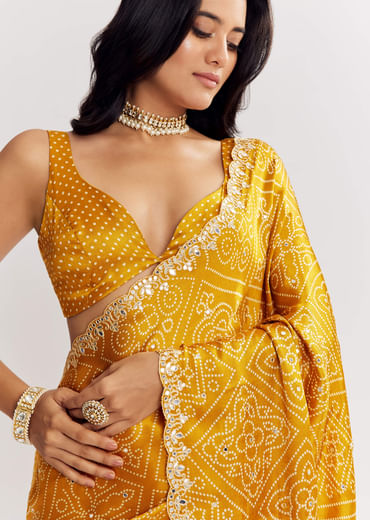 Mustard Yellow Satin Ajrakh Printed Saree With Gota Embroidery