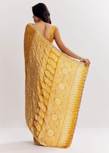 Mustard Yellow Satin Ajrakh Printed Saree With Gota Embroidery