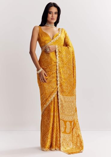 Mustard Yellow Satin Ajrakh Printed Saree With Gota Embroidery