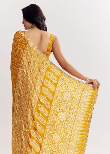 Mustard Yellow Satin Ajrakh Printed Saree With Gota Embroidery