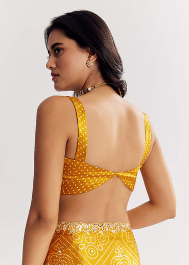 Mustard Yellow Satin Ajrakh Printed Saree With Gota Embroidery
