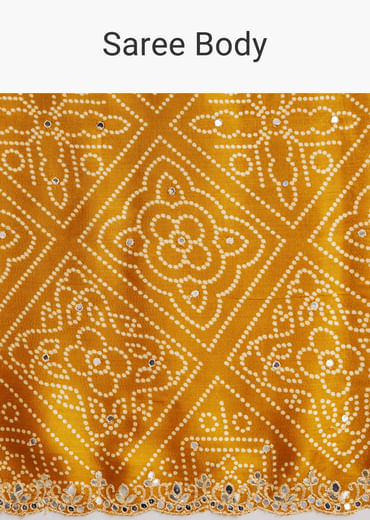 Mustard Yellow Satin Ajrakh Printed Saree With Gota Embroidery