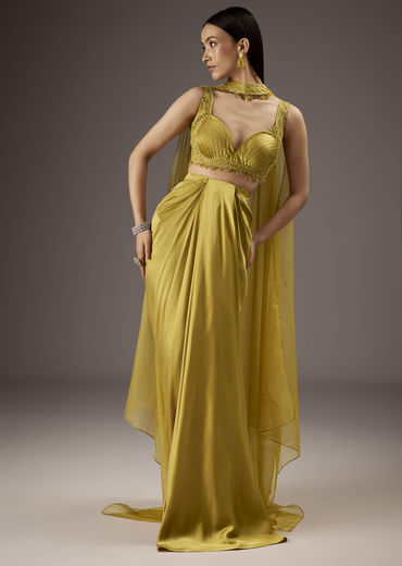 Mustard Yellow Satin Crop Top Skirt With Heavy Embroidery