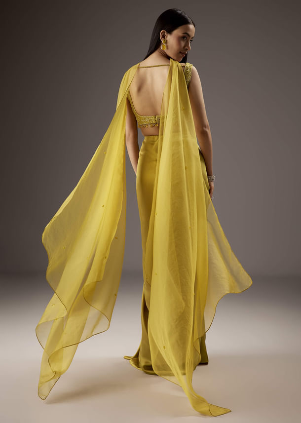 Mustard Yellow Satin Crop Top Skirt With Heavy Embroidery Mustard Yellow Satin Crop Top Skirt With Heavy Embroidery