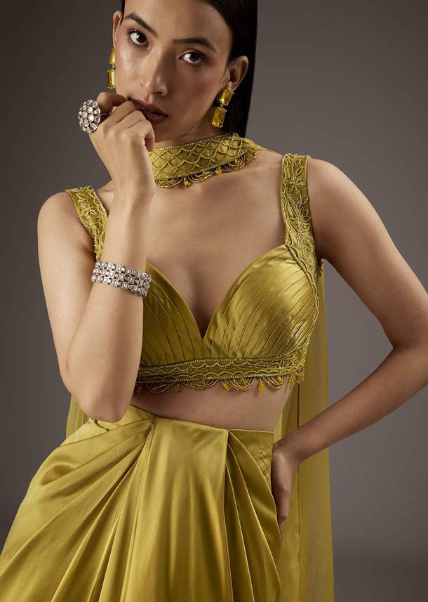 Mustard Yellow Satin Crop Top Skirt With Heavy Embroidery Mustard Yellow Satin Crop Top Skirt With Heavy Embroidery