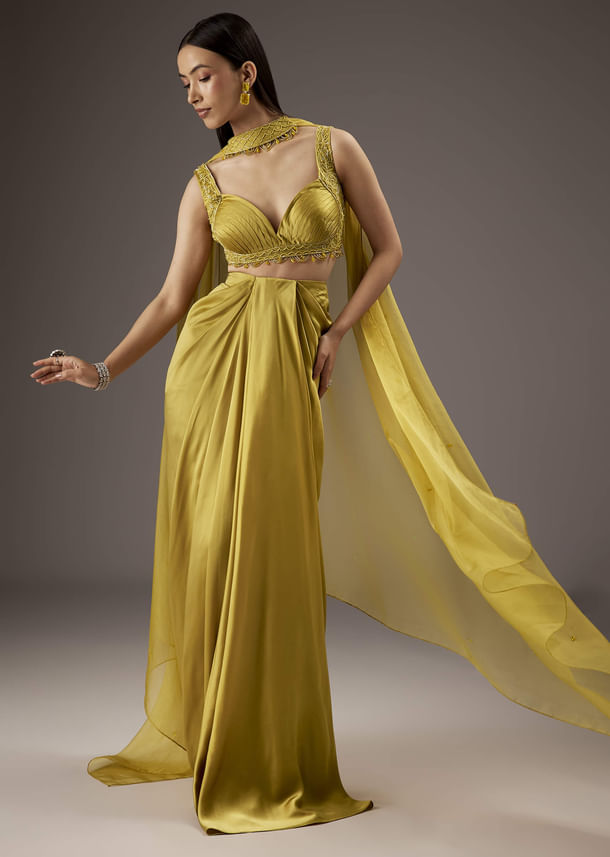 Mustard Yellow Satin Crop Top Skirt With Heavy Embroidery Mustard Yellow Satin Crop Top Skirt With Heavy Embroidery