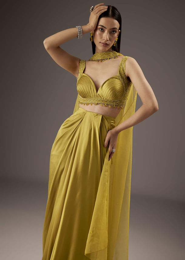 Mustard Yellow Satin Crop Top Skirt With Heavy Embroidery Mustard Yellow Satin Crop Top Skirt With Heavy Embroidery