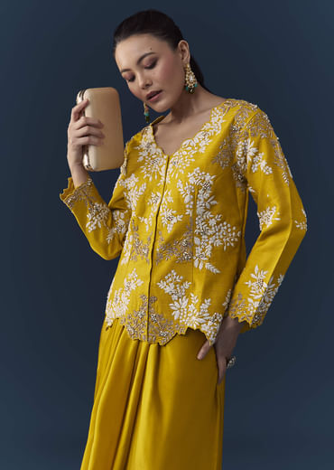 Mustard Yellow Satin Silk Top Skirt Set with Moti Work