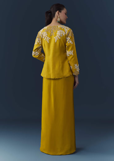 Mustard Yellow Satin Silk Top Skirt Set with Moti Work