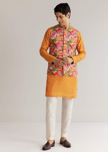Mustard Yellow Silk 3D Crystal Pearl Floral Kurta Jacket Set