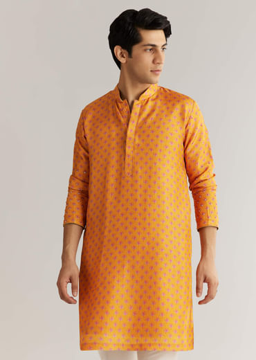 Mustard Yellow Silk 3D Crystal Pearl Floral Kurta Jacket Set