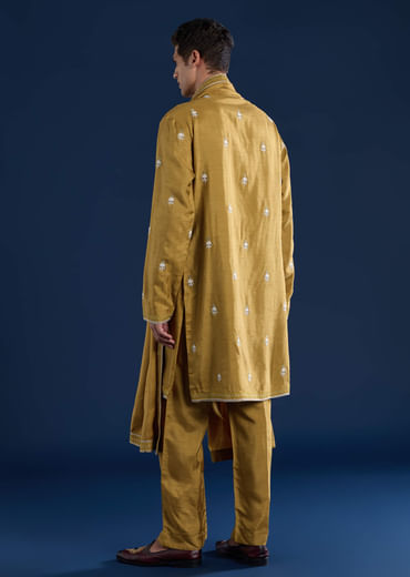 Mustard Yellow Silk Blend Embroidered Mens Kurta Set with Dupatta