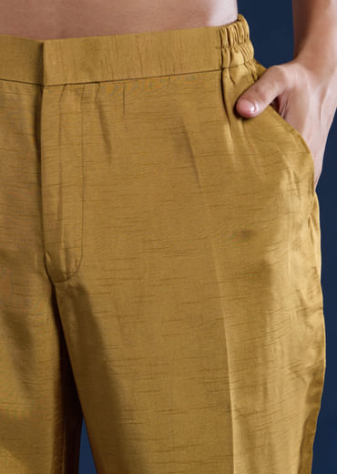 Mustard Yellow Silk Blend Embroidered Mens Kurta Set with Dupatta