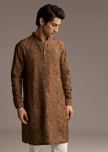 Mustard Yellow Silk Designer Kurta For Men With Vintage Floral Print