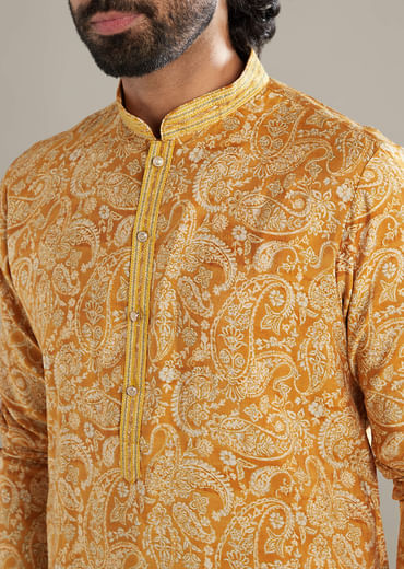 Mustard Yellow Silk Kurta Set For Men With Paisley Print
