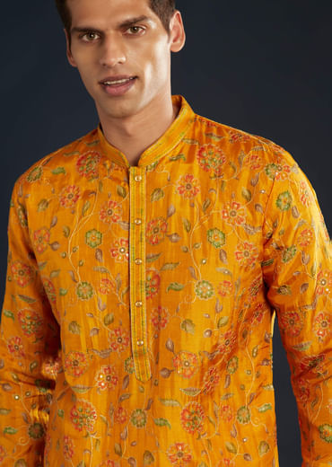 Mustard Yellow Silk Mens Kurta Set with Resham Sequins