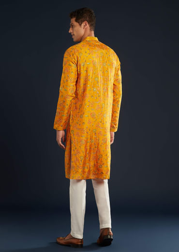 Mustard Yellow Silk Mens Kurta Set with Resham Sequins
