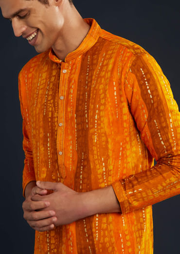 Mustard Yellow Silk Mens Kurta Set with Resham Work