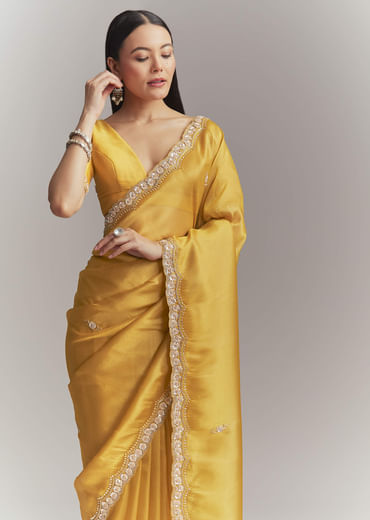 Mustard Yellow Tissue Embroidered Saree With Heavy Hand Embroidery