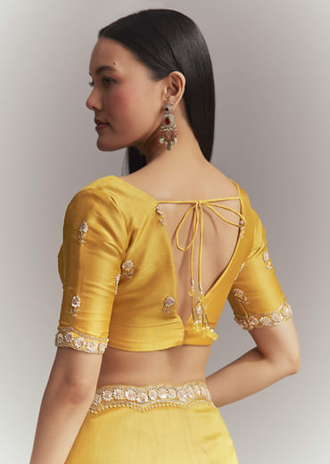 Mustard Yellow Tissue Embroidered Saree With Heavy Hand Embroidery