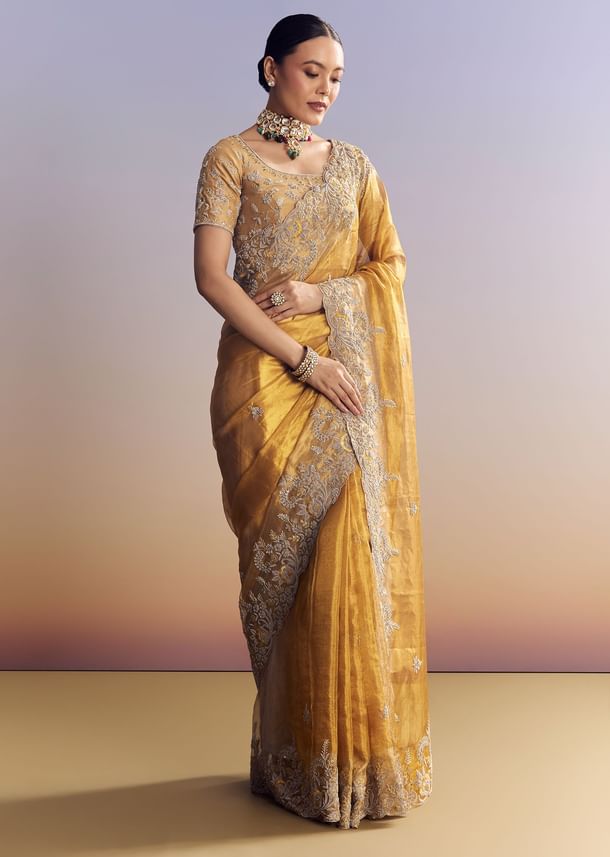 Mustard Yellow Tissue Saree With Golden Zardosi Embroidery