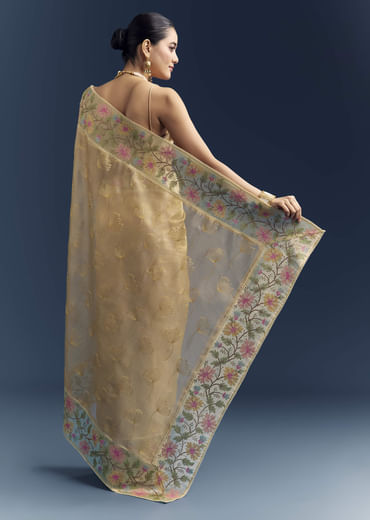 Mustard Yellow Tissue Silk Saree With Floral Resham Embroidery