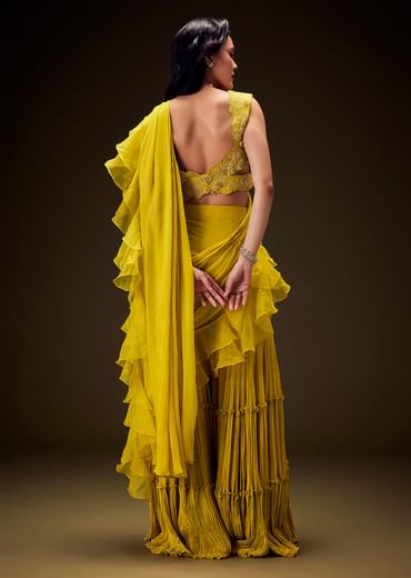 Mustard Embossed Embroidery Sweetheart Neckline Blouse With Tiered Sharara With Drape