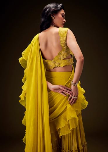Mustard Embossed Embroidery Sweetheart Neckline Blouse With Tiered Sharara With Drape
